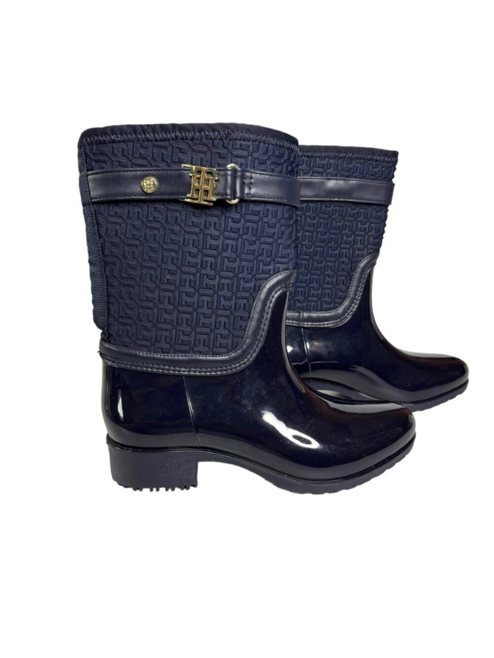 Tommy Hilfiger Rubber Rain Boots Patterned Textile Upper Gold Buckle Size 6 Blue